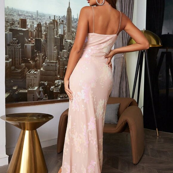 Apricot Party Women's Split Thigh Sequin Cami Formal Evening Dress - Picture 2 of 6